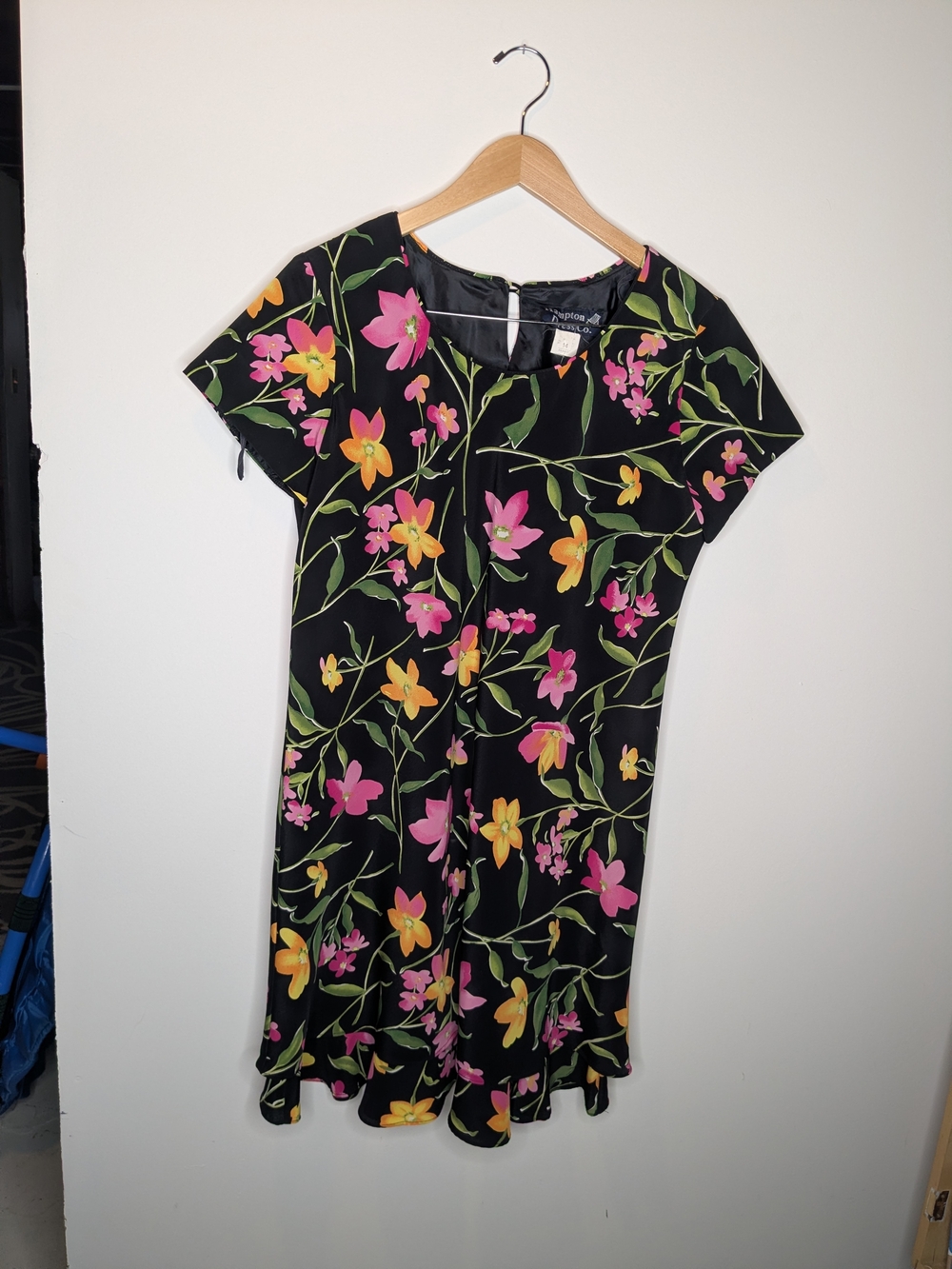Floral Short Sleeve A-Line Dress - Black with Pink & Yellow Flowers